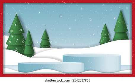Christmas background of Studio room 3D cylinder podium with Paper art pine tree and snowflake on blue background, Vector Winter banner designs for New Year promotion, discount, sale on 2023