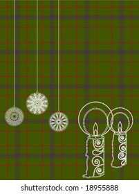 Christmas background with stylized baubles and candles on plaid