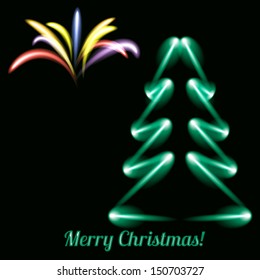 Christmas background. Stylized neon tree and fireworks. Vector illustration.