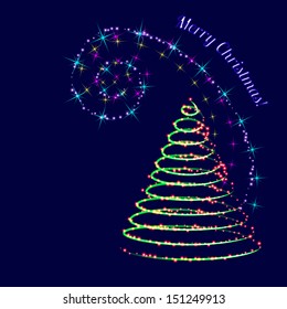 Christmas background. Stylized Christmas tree and star neon swirl. Vector illustration