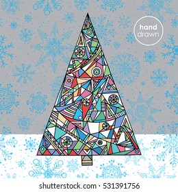 Christmas background with stylized Xmas tree and snowflakes ornaments. Hand drawn winter vector illustration. Modern style