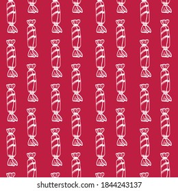 christmas background with sweets. seamless pattern white on a red background. Endless texture for web page, wrapping paper. design of a confectionery. design of fabric, Christmas card, banner, flyer. 