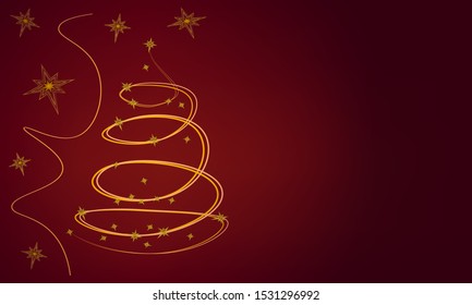 Christmas background, symbolic Christmas tree curved ribbon with serpentine and stars decor, space for text.