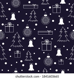 Christmas background. Symbols of the winter season for Christmas tree, gift, bell, snowflakes. Christmas attributes. Vector illustration