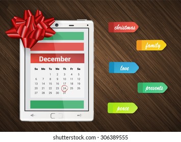Christmas background with tablet, calendar, stickers and christmas bow vector