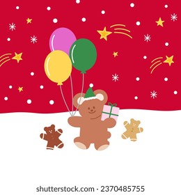 Christmas background with Teddy Bear, gingerbread man, snow, gifts and balloons for Xmas card, print, wallpaper, backdrop, banner, ad template, frame, social media post, poster, gift wrap, packaging