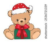 christmas background with teddy bear witn gift box hand drawn cute illustration vector sketch