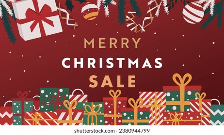 Christmas background template decorated with gift boxes, ornaments and candies (red)