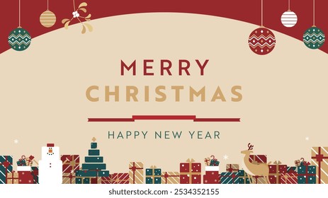 Christmas background template decorated with snowmen, ornaments, gift boxes (red)