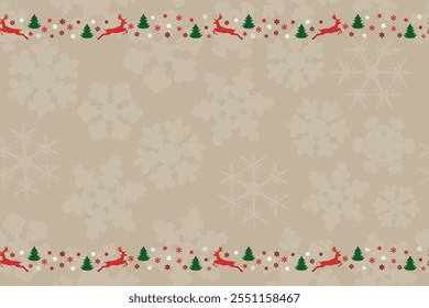 Christmas background, template design for banner, flyer, card on the textured backdrop with a border of snowflakes, deers, firs. vector illustration for invitation, poster, frame en beige tones.