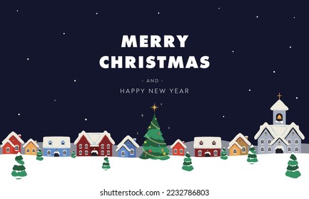 Christmas background template of glowing Christmas tree and winter cityscape in falling snow (blue)