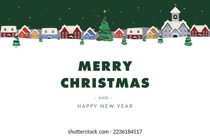 Christmas background template of a glowing Christmas tree and a winter cityscape amidst falling snow (green)