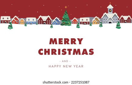 Christmas background template of a glowing Christmas tree and a winter cityscape amidst falling snow (red)