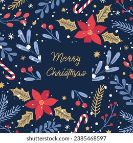 Christmas background template for greeting card. Winter holidays frame with Christmas tree branches, poinsettia, berries, holly, snowflakes. Vector illustration for social media post, banner, cover.