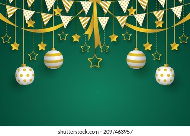christmas background template with hanging 3d ornament design vector