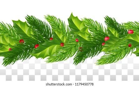 Christmas background template New Year fir or pine tree branch, red berries, and holly leaf wreath. Vector Christmas or New Year decoration design . Vector illustration. Eps 10.