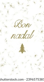 Christmas background with the text "Bon Nadal" handmade in Catalan. Christmas banner with white background with gold text and vertical stars.
