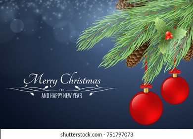 Christmas background with text. Merry Christmas and Happy New Year. Snowy berries, fur tree, cones on a dark background. Red Christmas balls. Glare bokeh, light particles. Vector illustration