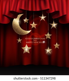 christmas background with textured gold sparkling stars and red theater curtains