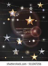 Christmas background  with textured sparkling gold and silver stars, beads with gold strings