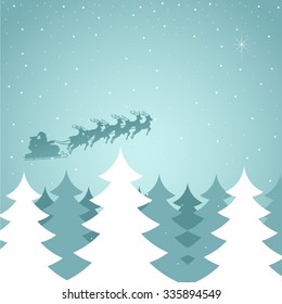 Christmas background or theme, Santa Claus flying with his sleigh above pine trees