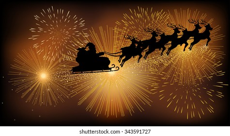 Christmas background theme  Santa Claus flying and his sleigh against fireworks  Using gradient mesh  compatible in Adobe Illustrator CS