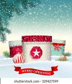 Christmas background with three colorful gift boxes in winter landscape, vector illustration, eps 10 with transparency and gradient meshes