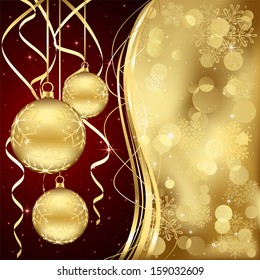 Christmas background with three golden baubles, illustration.