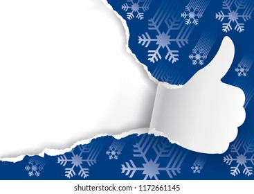 
Christmas background with torn paper Thumbs up. 
Paper silhouette of Thumbs up ripping blue Christmas wrapping paper with snowflakes. Place for your text or image. Vector available. 