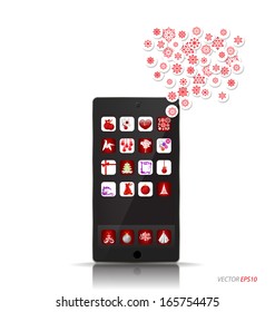 Christmas background. Touchscreen device with cloud of Christmas application. Vector illustration.