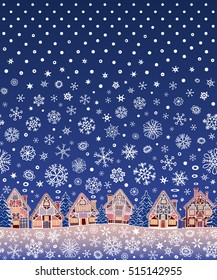 Christmas background. Township, stars and snowflakes. Seamless border.