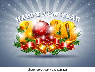 Christmas background with a toy Christmas tree branches with a red ribbon and golden bells