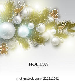 Christmas background with  Christmas toys, balls and  stars. Xmas Decoration Elements for design.