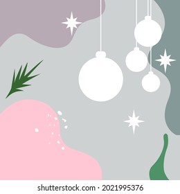 Christmas background in  traditional colors, white balls, Christmas tree, New Year 2022. Drawing various shapes, stripes. for printing on card, postcard, invitation, flyer. Modern trendy sample 