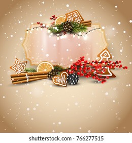 Christmas background with traditional decorations, gingerbreads and paper label with place for your message