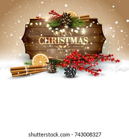 Christmas Background With Traditional Decorations And Wooden Sign - Template With Place For Your Text