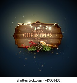 Christmas background with traditional decorations and wooden sign on blue background