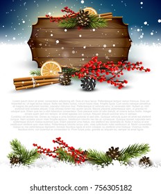 Christmas background with traditional decorations and wooden sign - template with place for your text