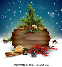 Christmas background with traditional decorations and wooden sign with place for your message