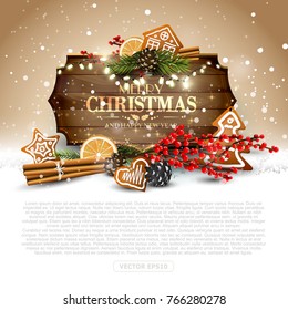 Christmas background with traditional decorations and wooden sign - template with place for your text