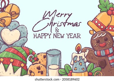 Christmas background with traditional Xmas symbols, sweets and decorative elements. Merry Christmas and Happy New Year - lettering quote. Vector hand drawn style illustration. Finished design.