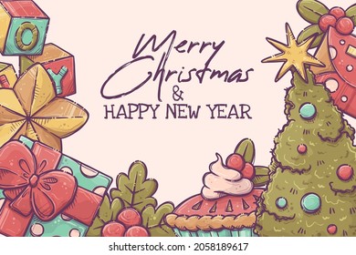 Christmas background with traditional Xmas symbols, sweets and decorative elements. Merry Christmas and Happy New Year - lettering quote. Vector hand drawn style illustration. Finished design.