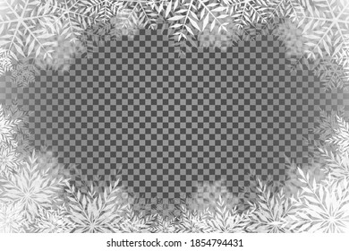Christmas background with transparent basis and lots of snowflakes around the frame light rectangular