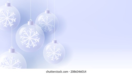 Fondo de Navidad con blanco transparente 3d representando bolas de Navidad con copo de nieve dentro colgando de arriba