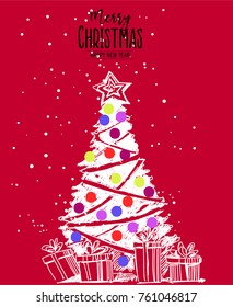 Christmas background with Christmas tree anc gift boxes, vector illustration.