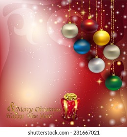Christmas background with Christmas tree balls with the glare and glitter. Vector illustration of holiday, Christmas tree decorations, menu, card, postcard, banner. 