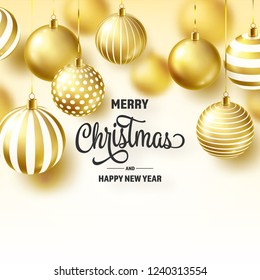 Christmas Background With Tree Balls. Golden Ball. New Year. Winter holidays. Season Sale Decoration. Gold Xmas Gift.