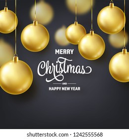 Christmas Background With Tree Balls. Golden Ball. New Year. Winter holidays. Season Sale Decoration. Gold Xmas Gift.