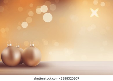 Christmas background, Christmas tree balls on the table on a golden background with highlights, blurry lights. New Year design for banner, poster, card or cover.