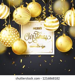 Christmas Background With Tree Balls, Ribbon And Confetti. Golden Ball. New Year. Winter holidays. Season Sale Decoration. Gold Xmas Gift.